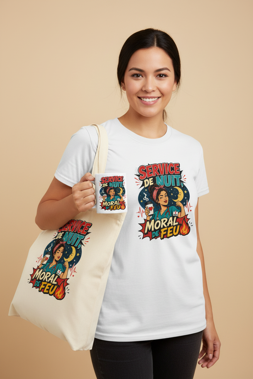Tote bag en toile crème et t-shirt blanc à imprimé « Service de Nuit »