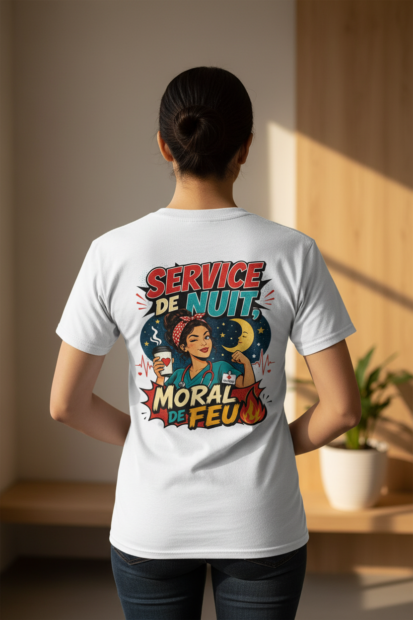 T-shirt blanc vue dos avec motif « Service de Nuit » et « Moral de Feu »