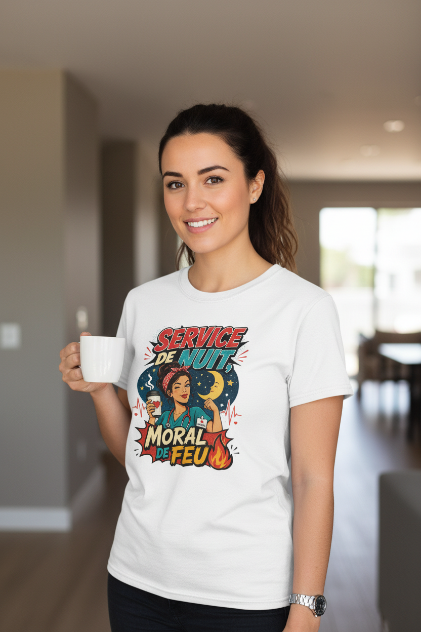 T-shirt blanc à motif « Service de Nuit » et « Moral de Feu »