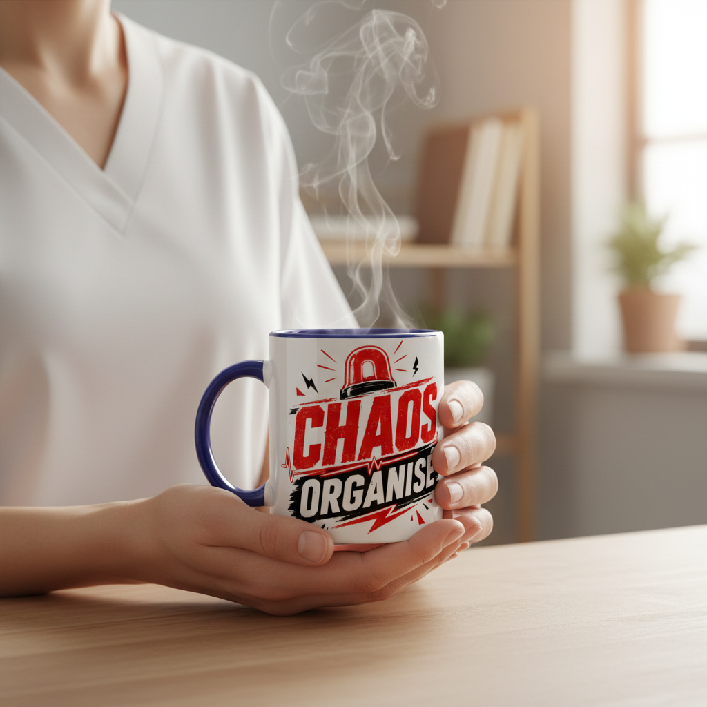 Soignante en blouse blanche tenant le mug avec vapeur