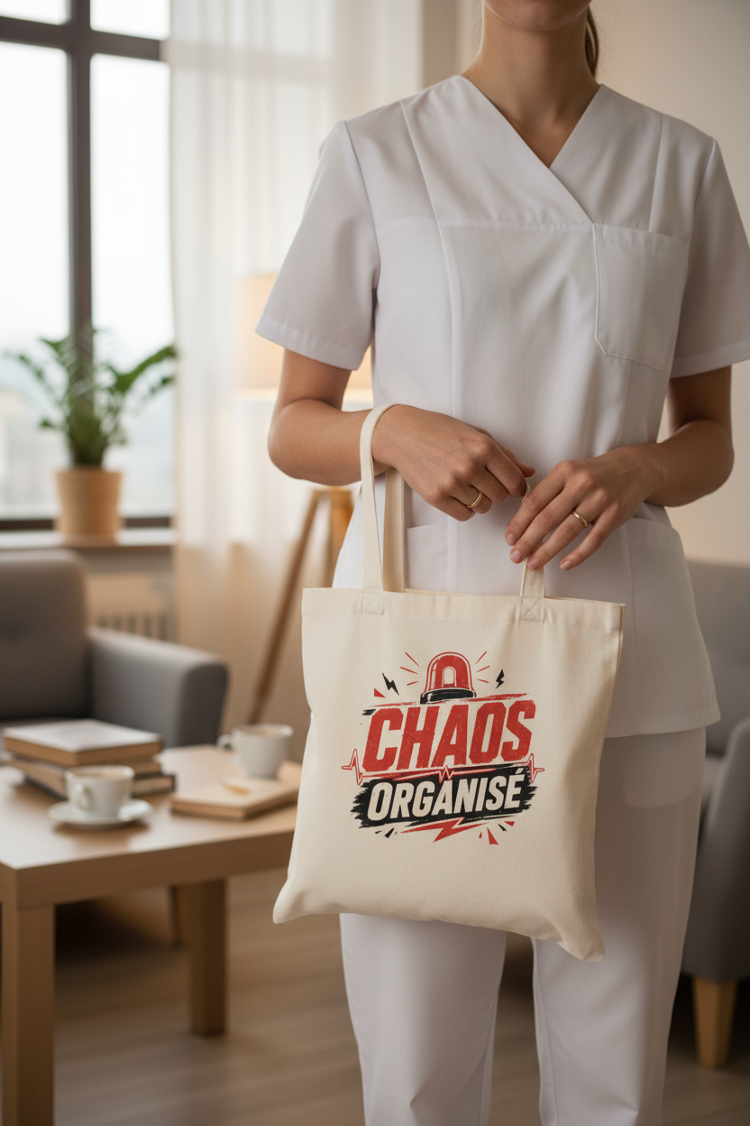 Soignante en blouse blanche tenant le tote bag blanc