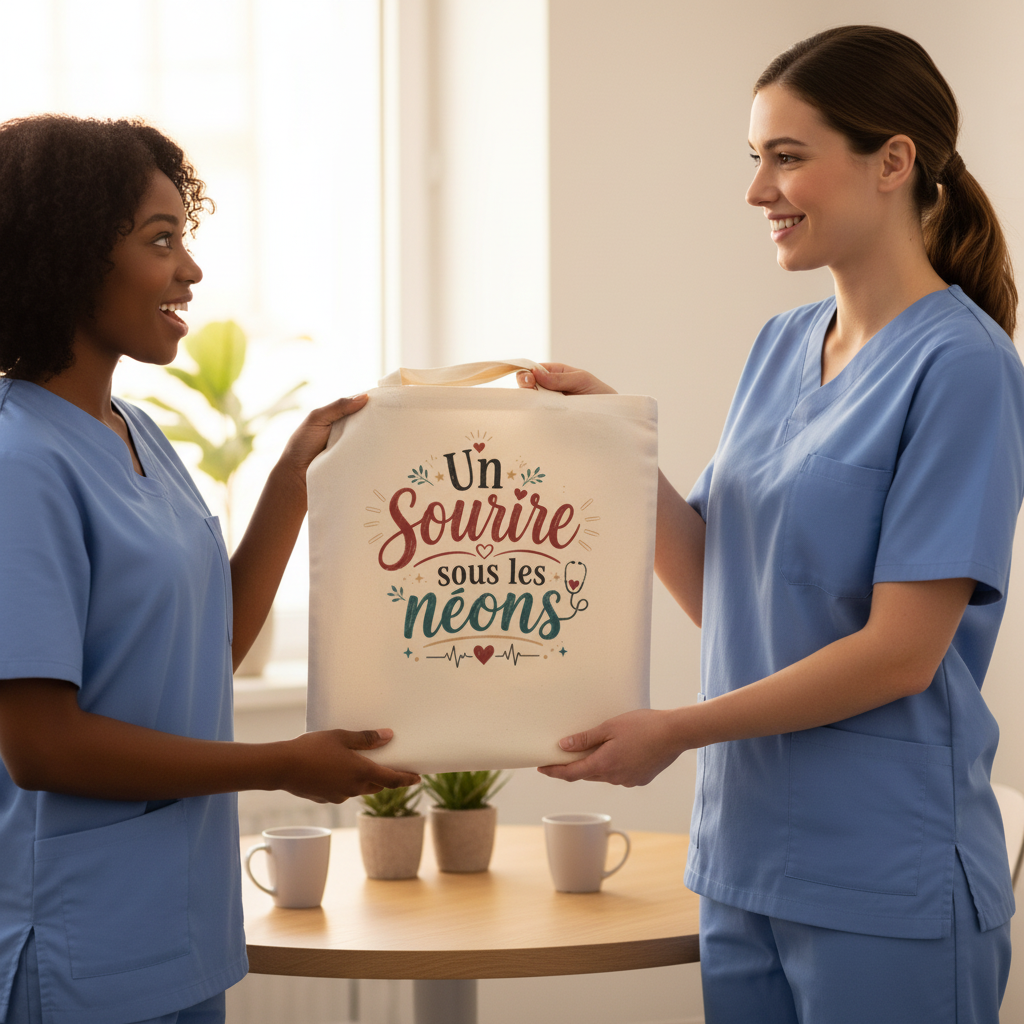 Sac tote en toile écrue avec slogan « Un Sourire sous les néons » devant, porté