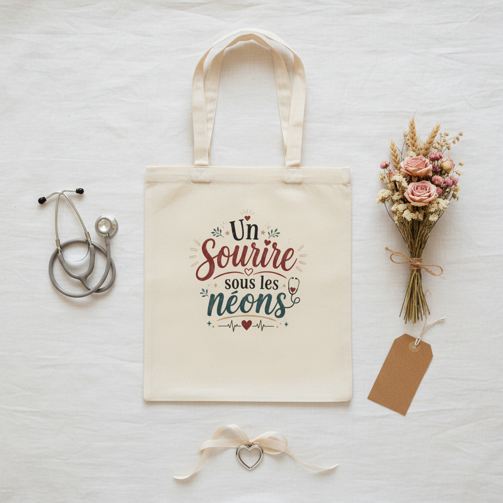 Sac tote en toile écrue avec poignées, slogan imprimé « Un Sourire sous les néons »
