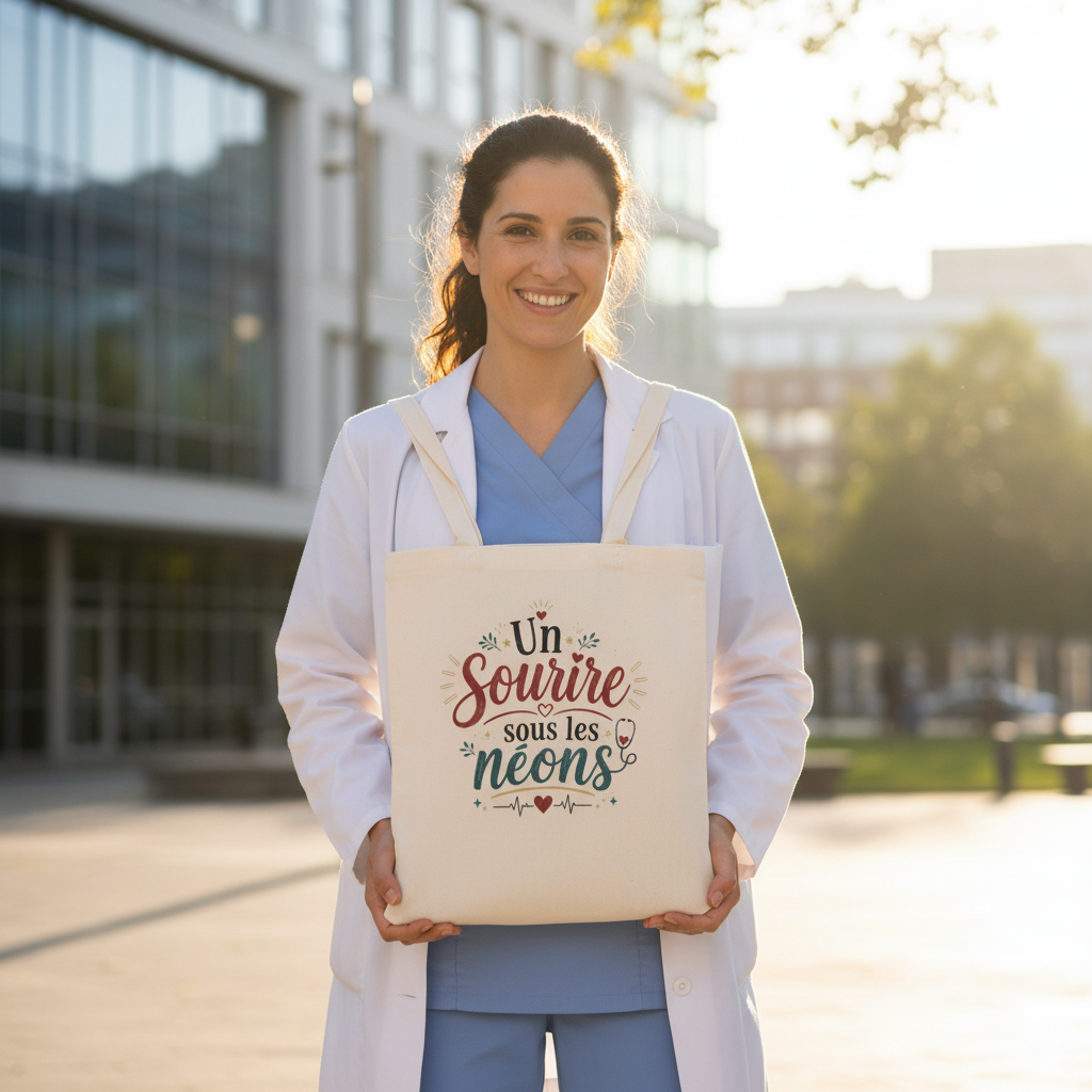 Sac tote écru avec impression colorée « Un Sourire sous les néons », porté à deux mains