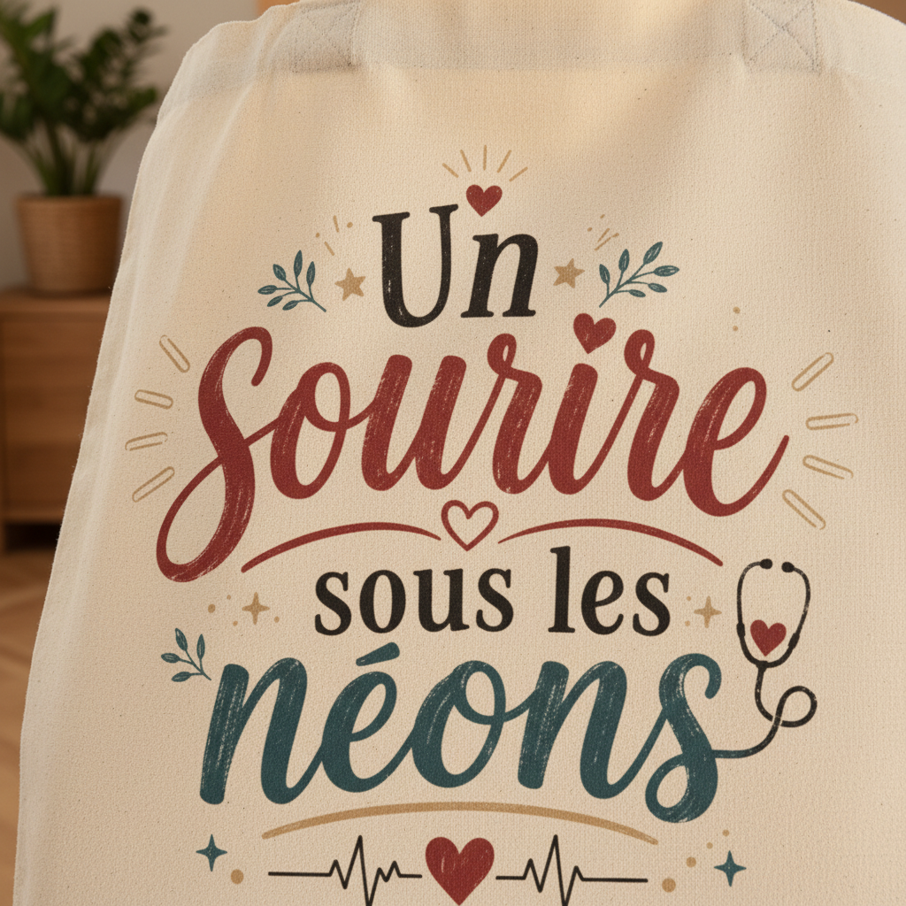 Sac tote en toile écrue, gros plan sur le texte « Un Sourire sous les néons »
