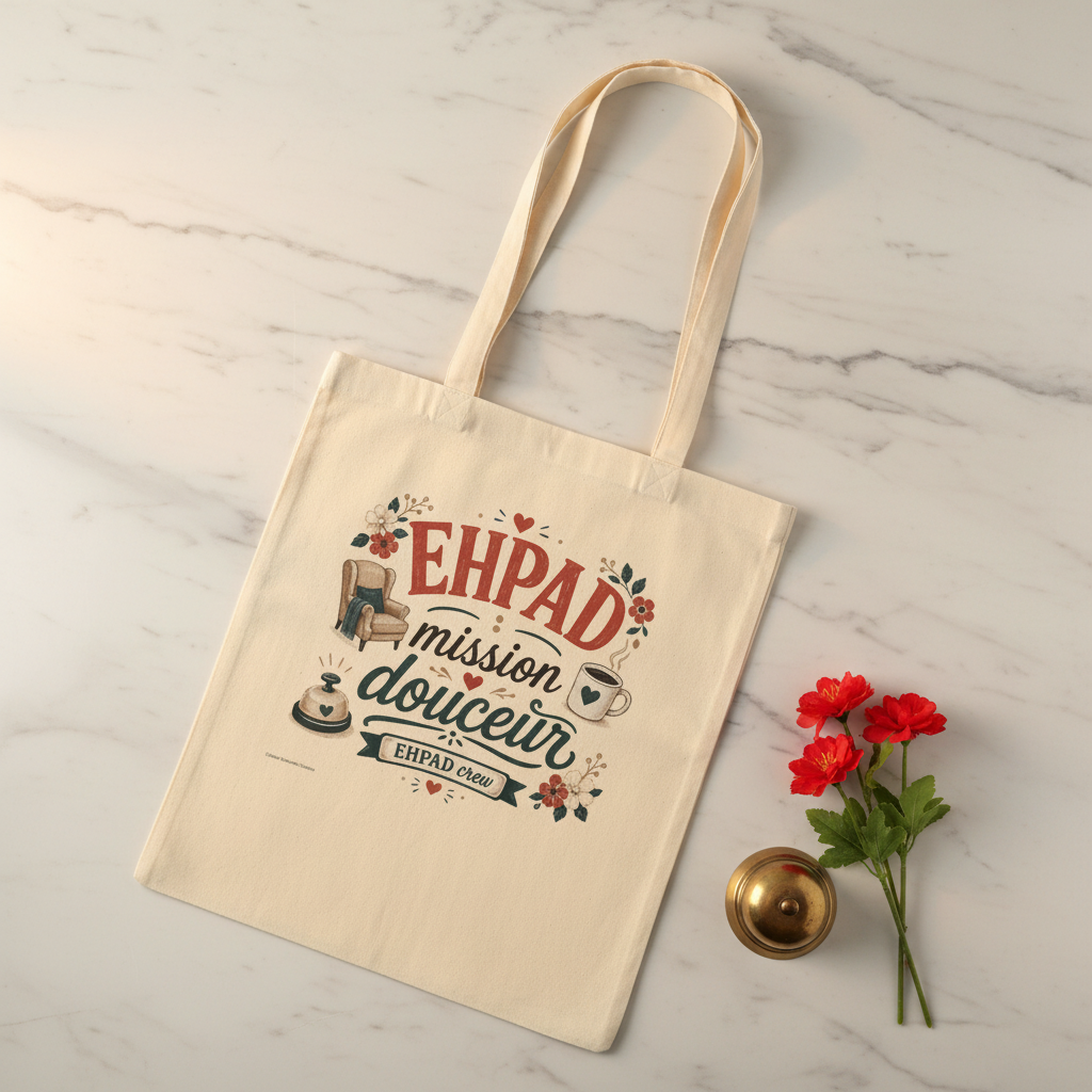 Tote bag beige avec anses, imprimé « EHPAD mission douceur » sur tissu naturel.