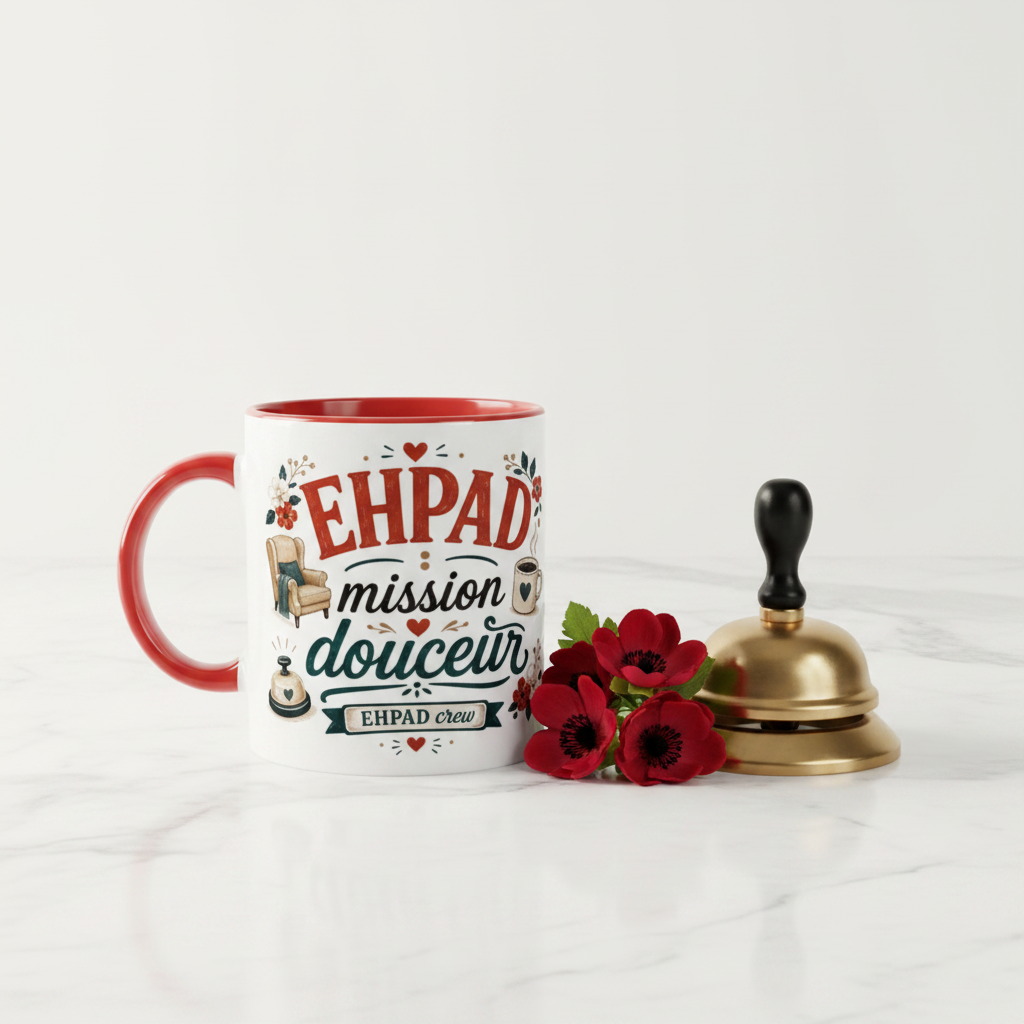 Mug blanc à anse rouge avec inscription « EHPAD mission douceur ».
