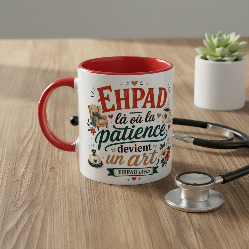 Mug en céramique blanche à anse rouge, imprimé EHPAD sur le devant