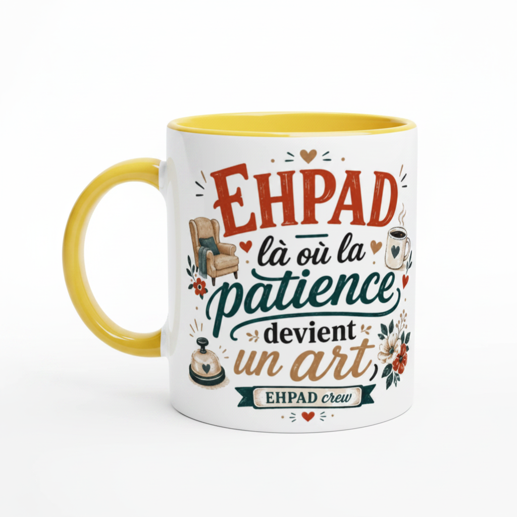Grand mug en céramique blanche à anse jaune, intérieur jaune, décor EHPAD