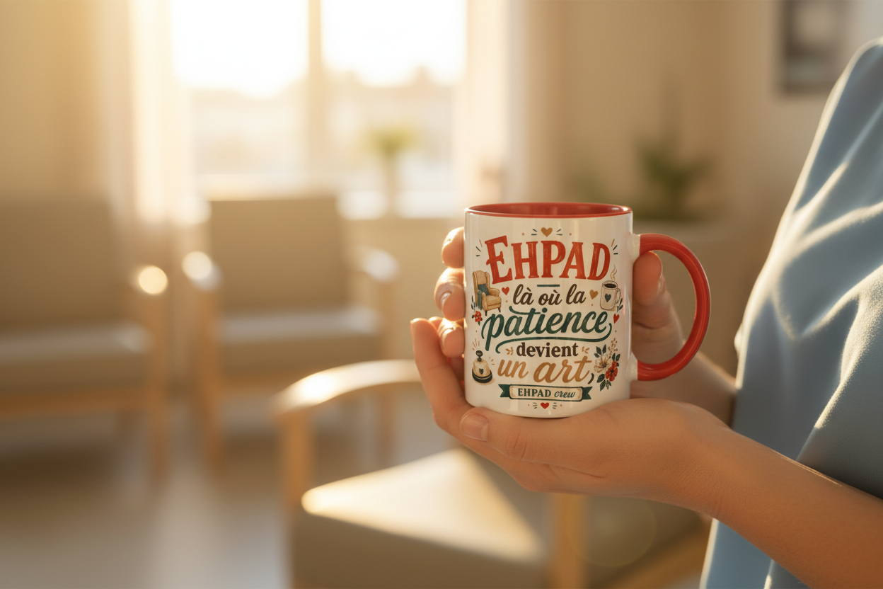 Mug en céramique blanche à anse rouge, intérieur rouge, motif EHPAD