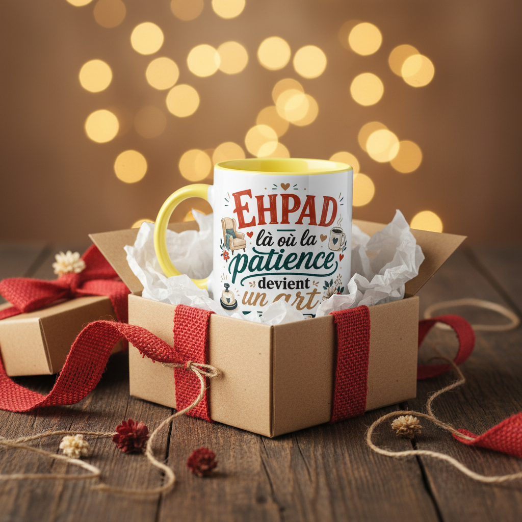 Mug en céramique jaune avec anse jaune et motif EHPAD sur fond blanc
