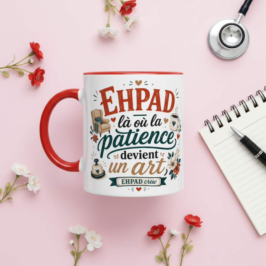 Mug en céramique blanche à anse rouge et imprimé EHPAD sur fond blanc