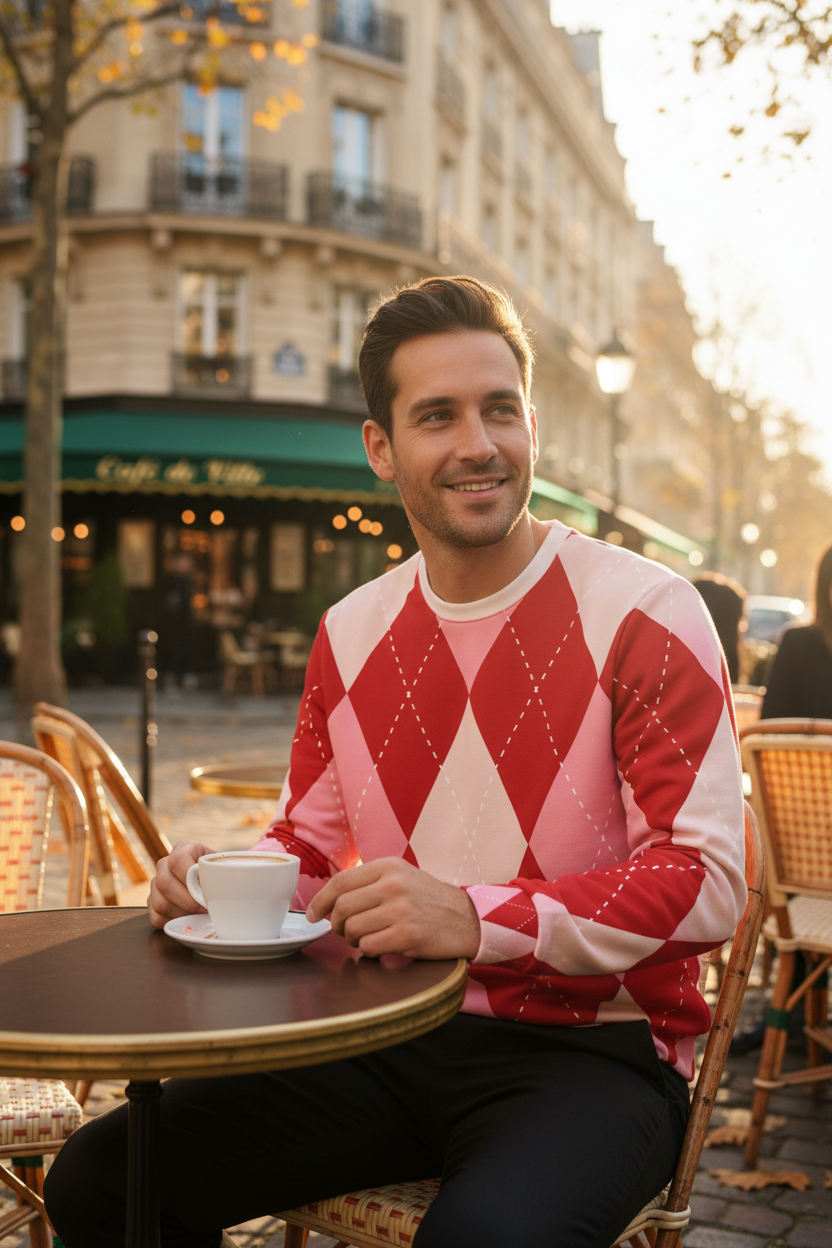 Pull homme à motif argyle rouge et rose, col blanc, manches longues