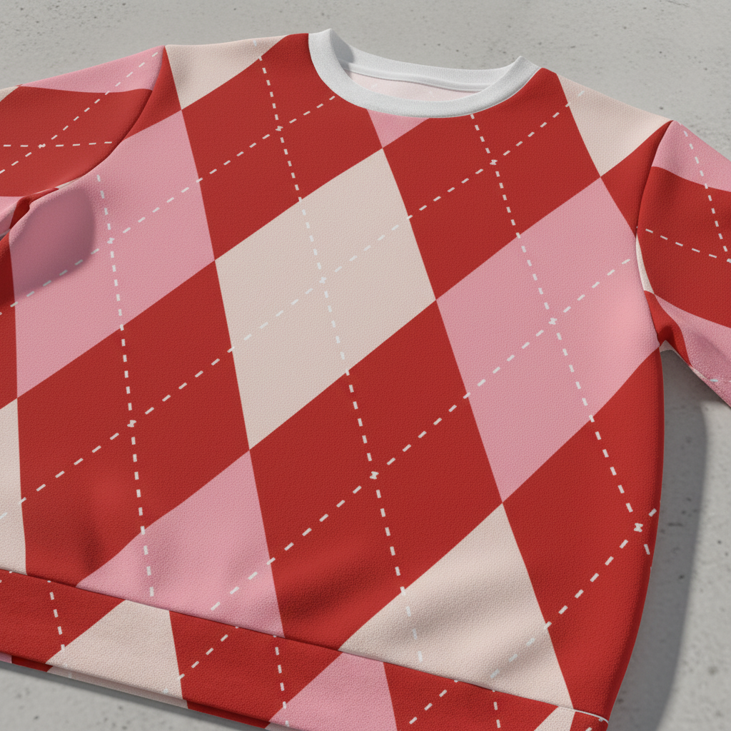 Détail du pull : motif argyle en losanges rouge, rose et blanc, col gris clair