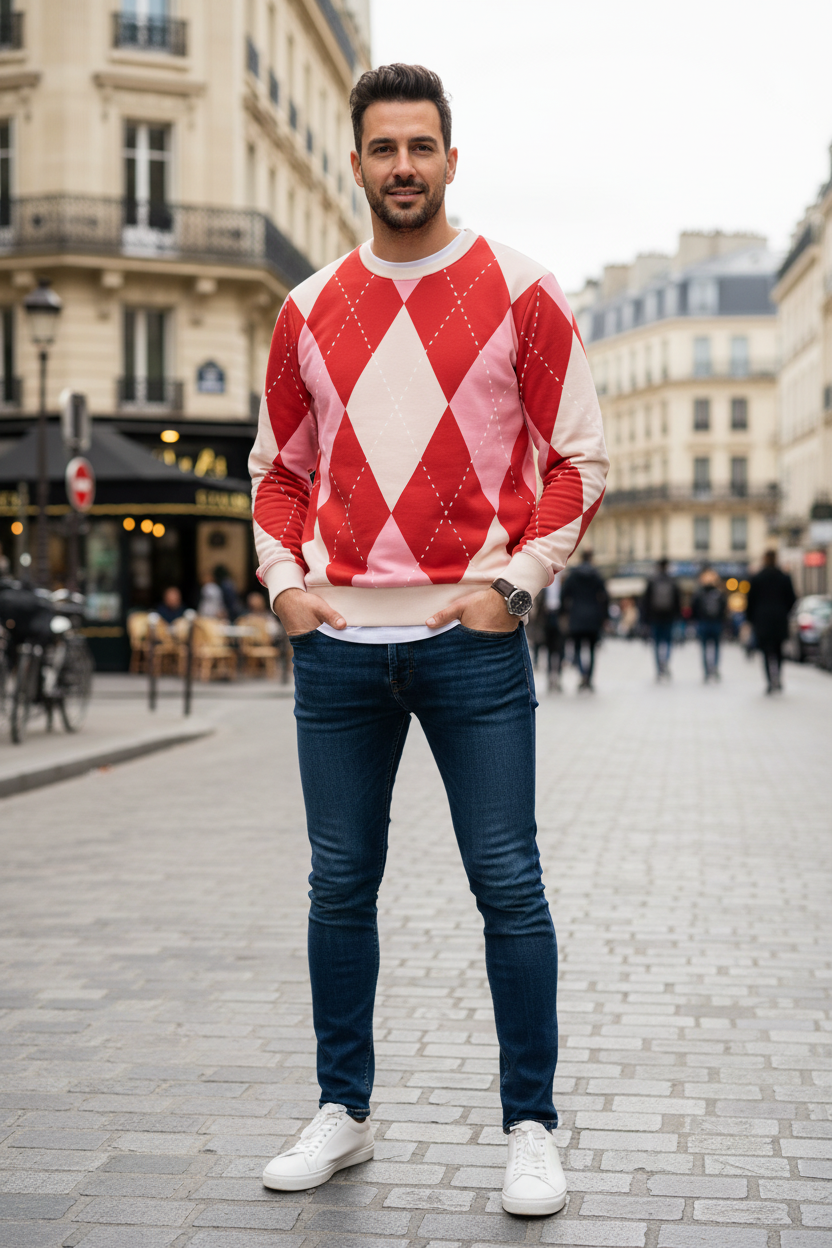 Pull homme en sweat à motif argyle rouge, rose et blanc, col ras du cou