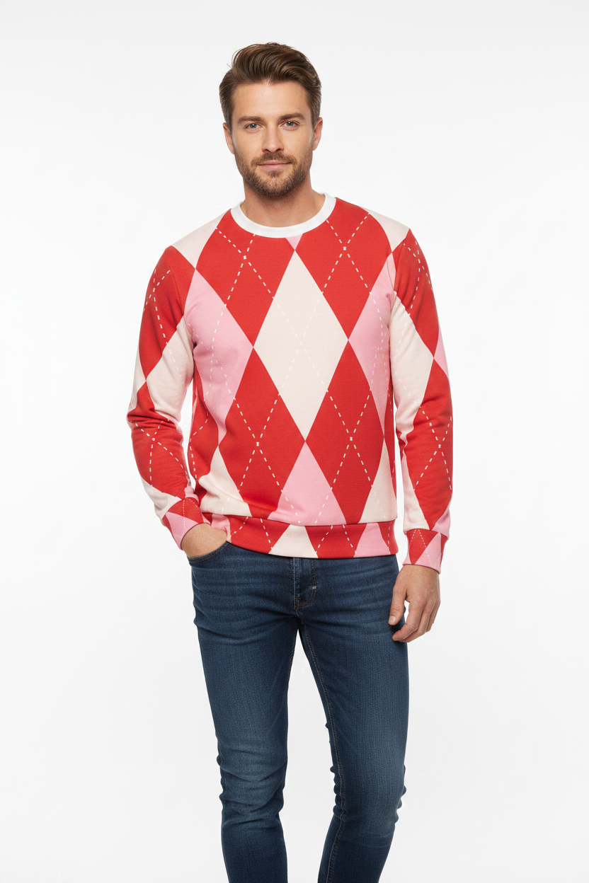 Pull homme en sweat à motif argyle rouge, rose et blanc, col blanc ras du cou