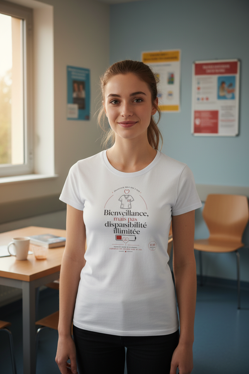 T-shirt blanc porté, imprimé cœur et texte « Bienveillance, mais pas disponibilité »