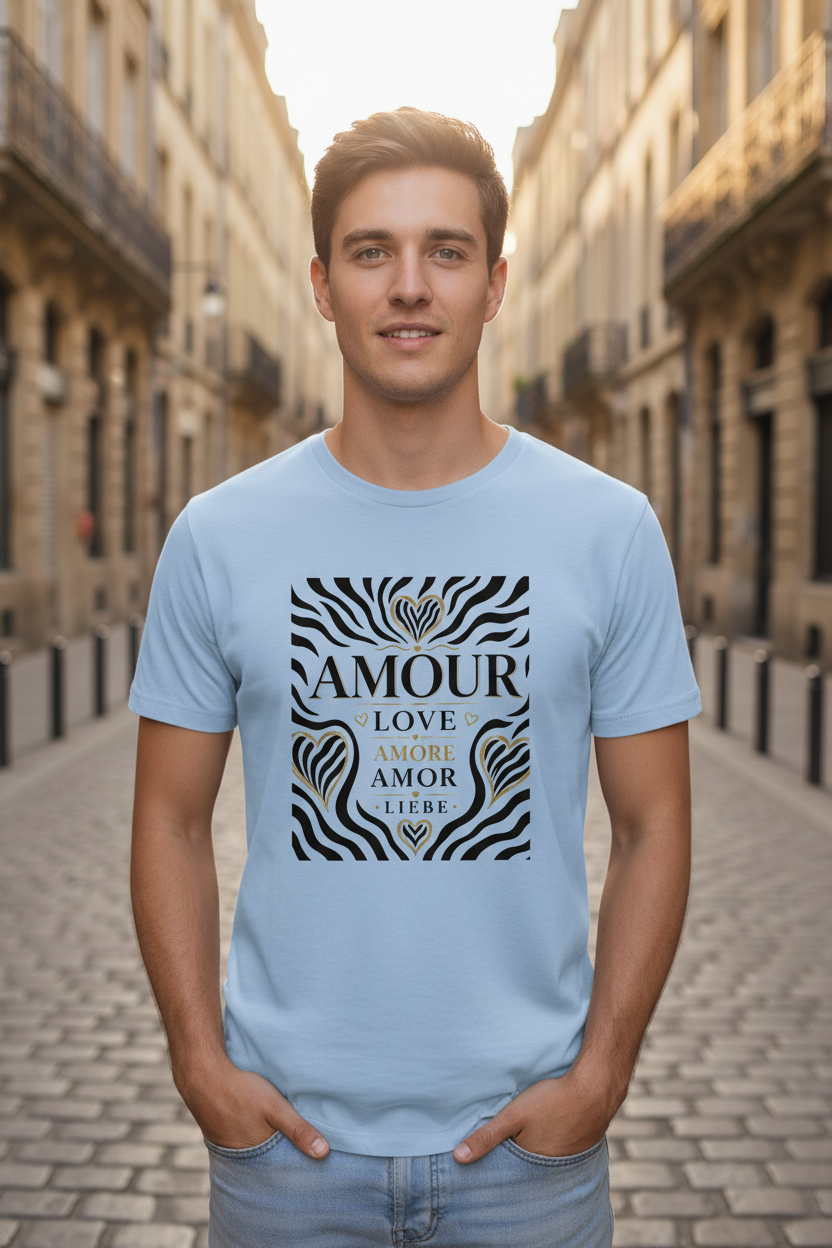 T-shirt unisexe bleu clair avec motif « AMOUR » central.