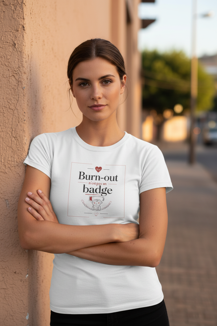T-shirt blanc col rond, motif « Burn-out badge » devant