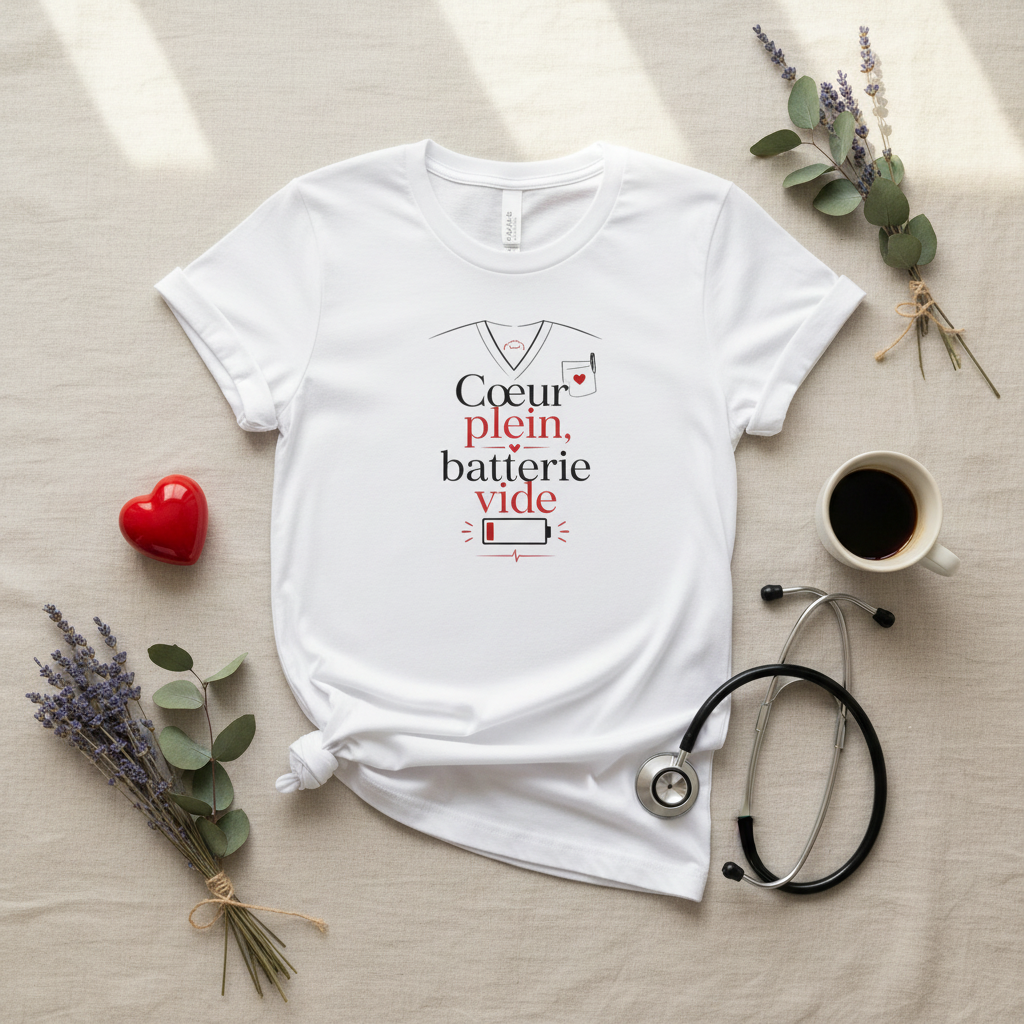 T-shirt blanc à motif cœur et batterie vide, manches courtes, encolure ronde