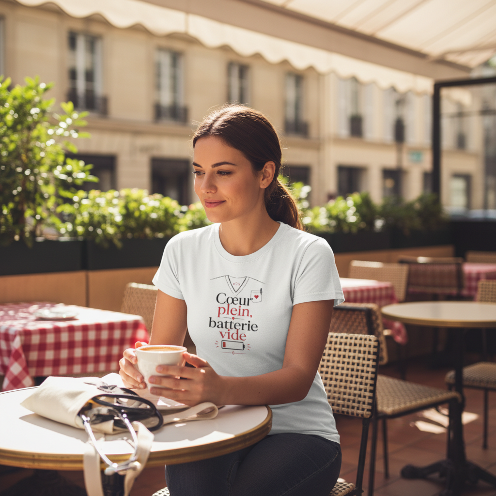 T-shirt blanc à motif cœur et batterie vide, porté assis, col rond