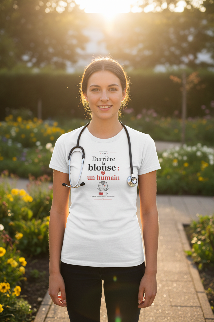 T-shirt blanc col rond, imprimé « Derrière la blouse : un humain » au centre.