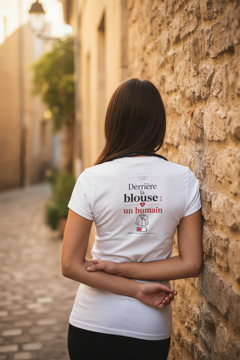 T-shirt blanc col rond, vue dos, imprimé « Derrière la blouse : un humain ».
