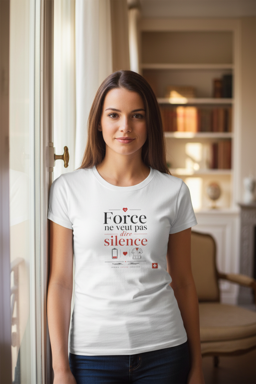 T-shirt blanc femme à col rond, imprimé « Force ne veut pas dire silence ».