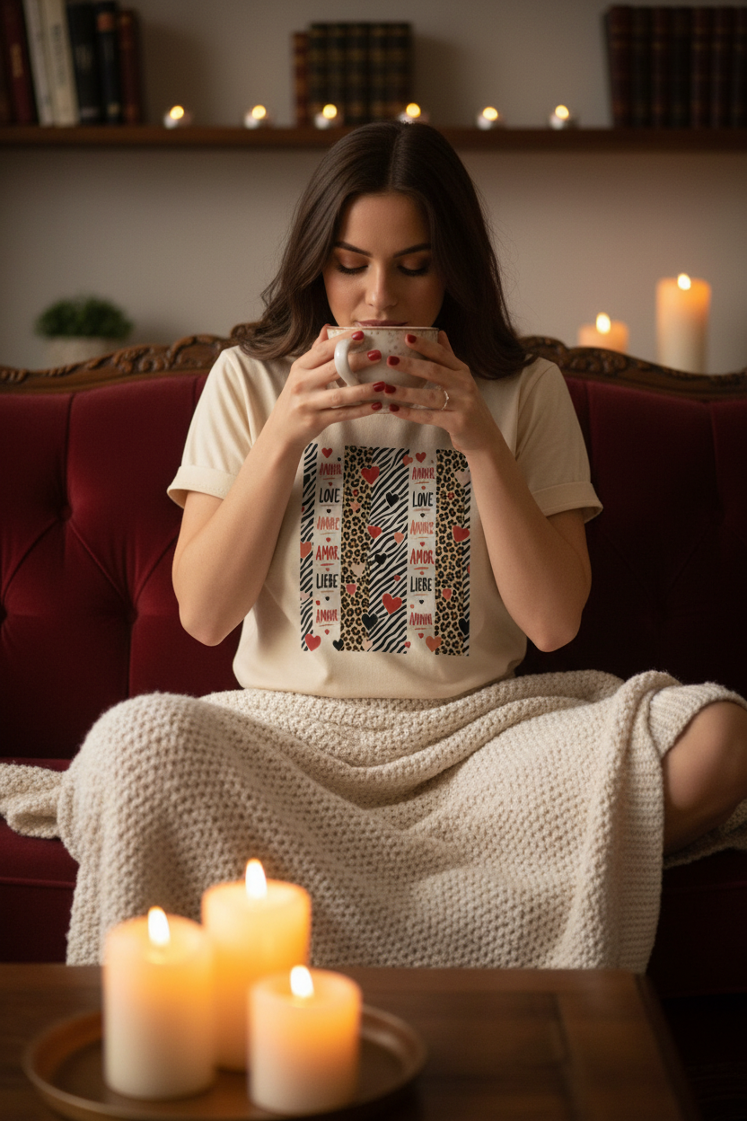 T-shirt unisexe blanc avec motif zèbre/leopard et cœurs Love sur la poitrine