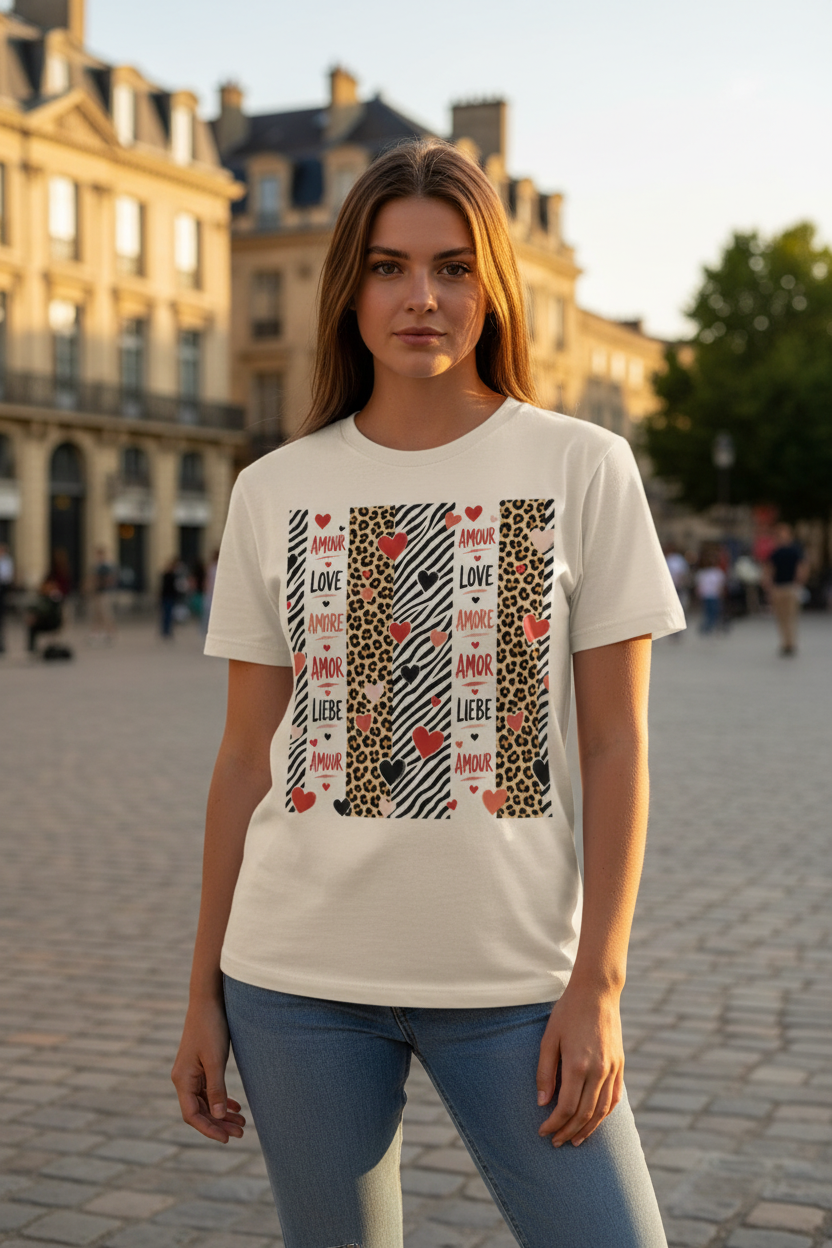 T-shirt unisexe blanc à motif zèbre/leopard et cœurs Love au centre, vue entière