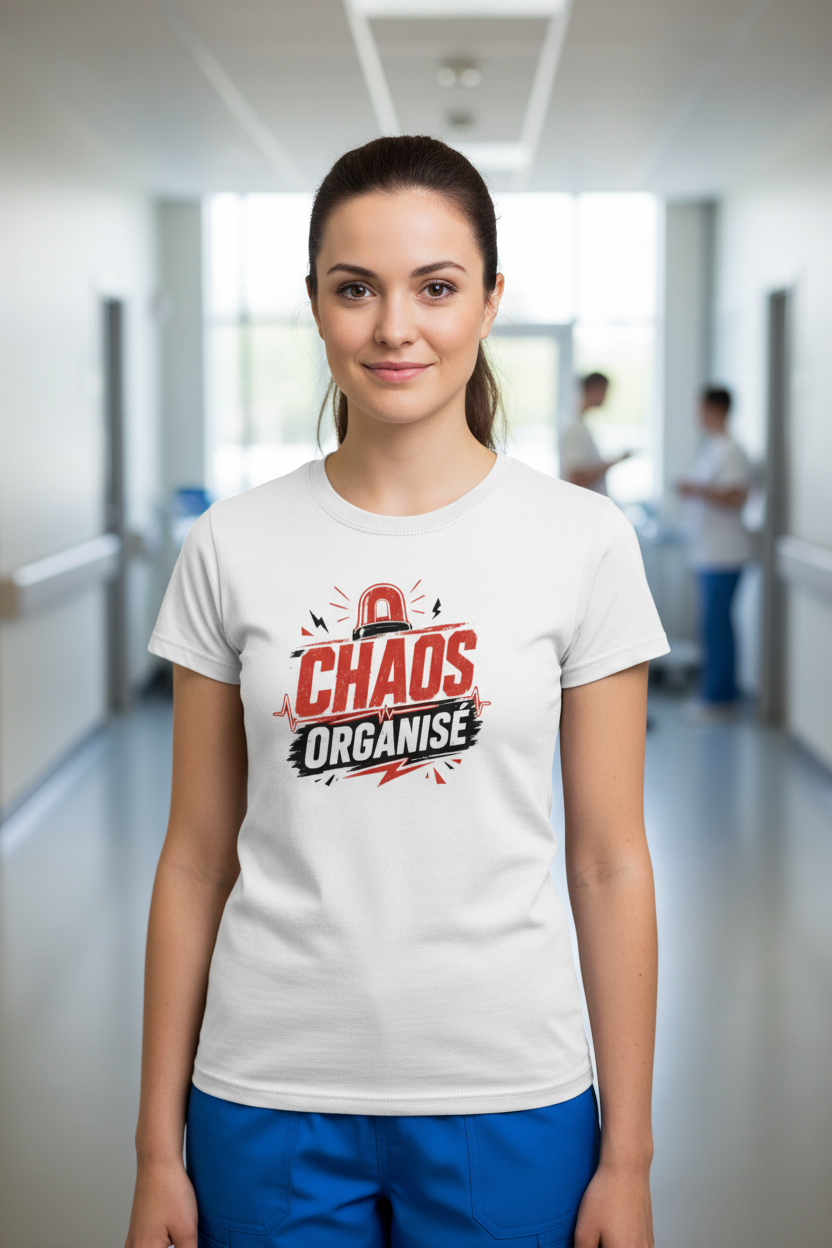 T-shirt recto Chaos Organisé porté par une infirmière dans un couloir d'hôpital