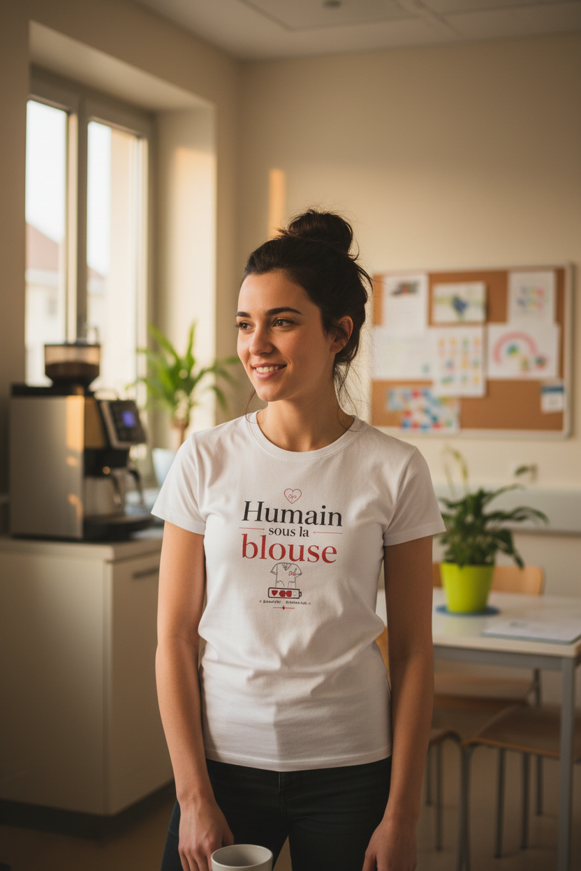 T-shirt blanc en vue de face avec motif « Humain sous la blouse » sur le devant