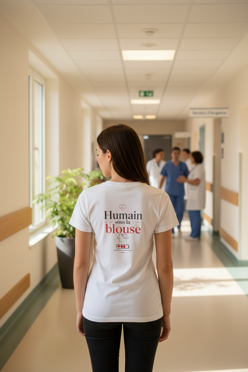 T-shirt blanc manches courtes avec motif « Humain sous la blouse » au dos