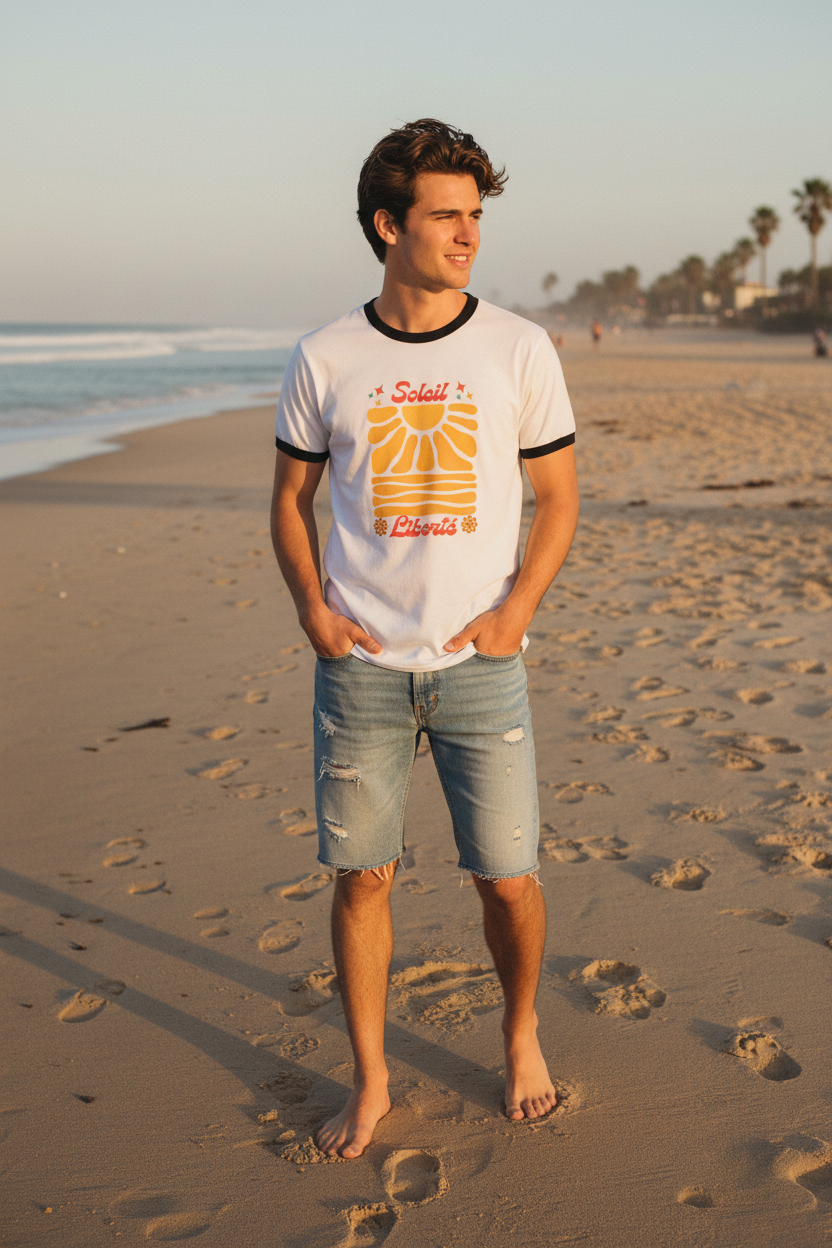 T-shirt blanc à encolure noire, imprimé soleil rétro jaune et orange, manches courtes.