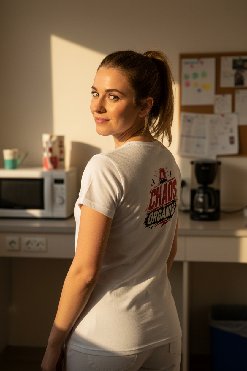 T-shirt verso Chaos Organisé porté par une soignante de dos dans une salle de pause
