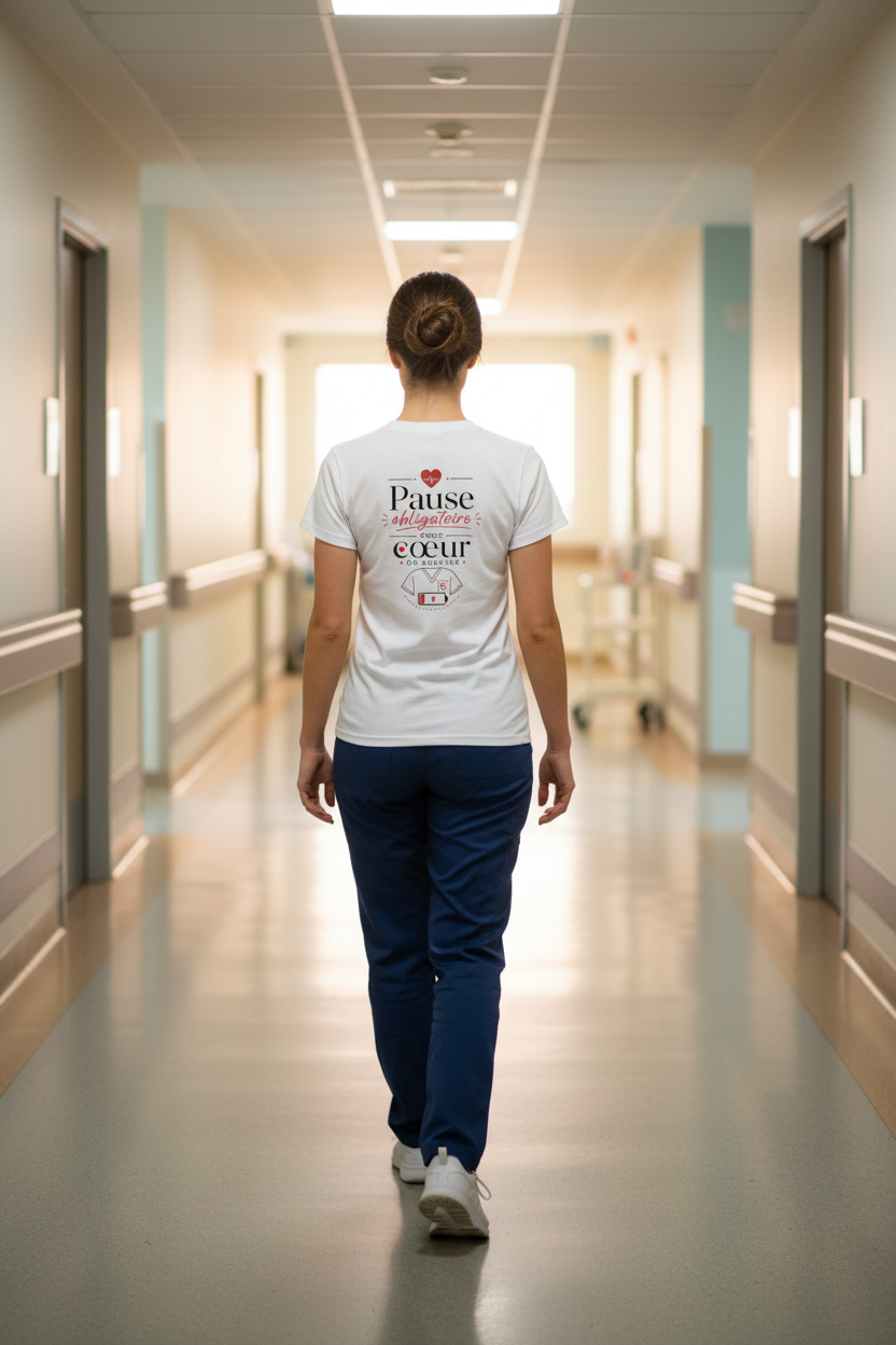 T-shirt blanc à l’arrière, impression « Cœur en service » avec cœur rouge.