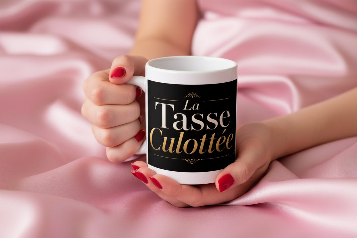 Tasse blanche tenue dans une main, lettrage doré « La Tasse Culottée ».