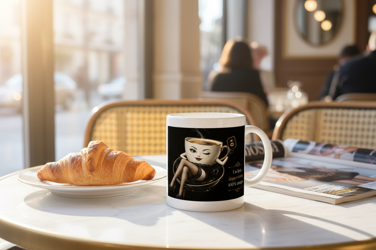 Tasse blanche avec illustration de femme tenant une tasse, fond noir.