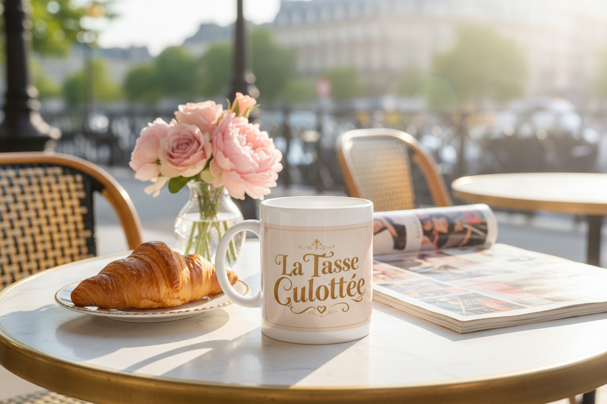 Tasse blanche avec motif « La Tasse Culottée » et anse.