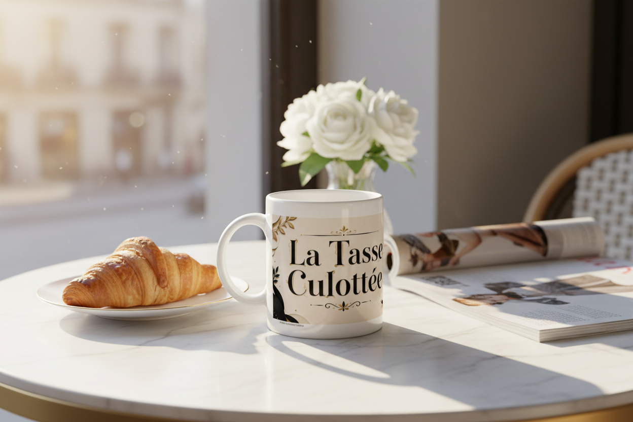 Mug blanc avec poignée, texte « La Tasse Culottée » sur fond crème