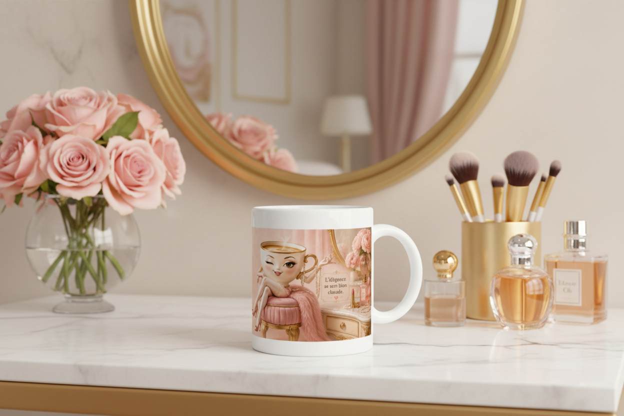 Mug blanc avec illustration d’une femme en robe rose, décor doré.