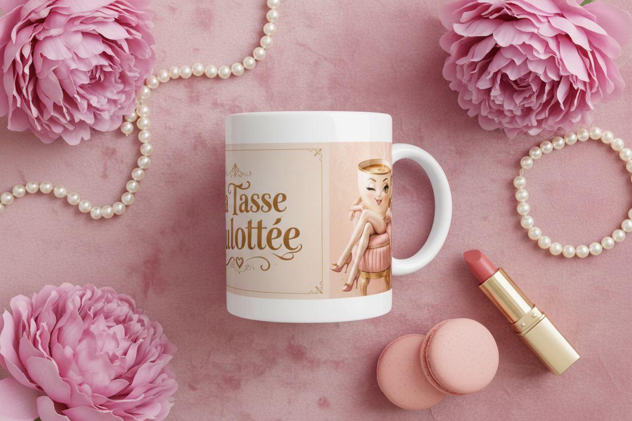 Mug blanc avec motif « La Tasse Culottée » et illustration de femme.