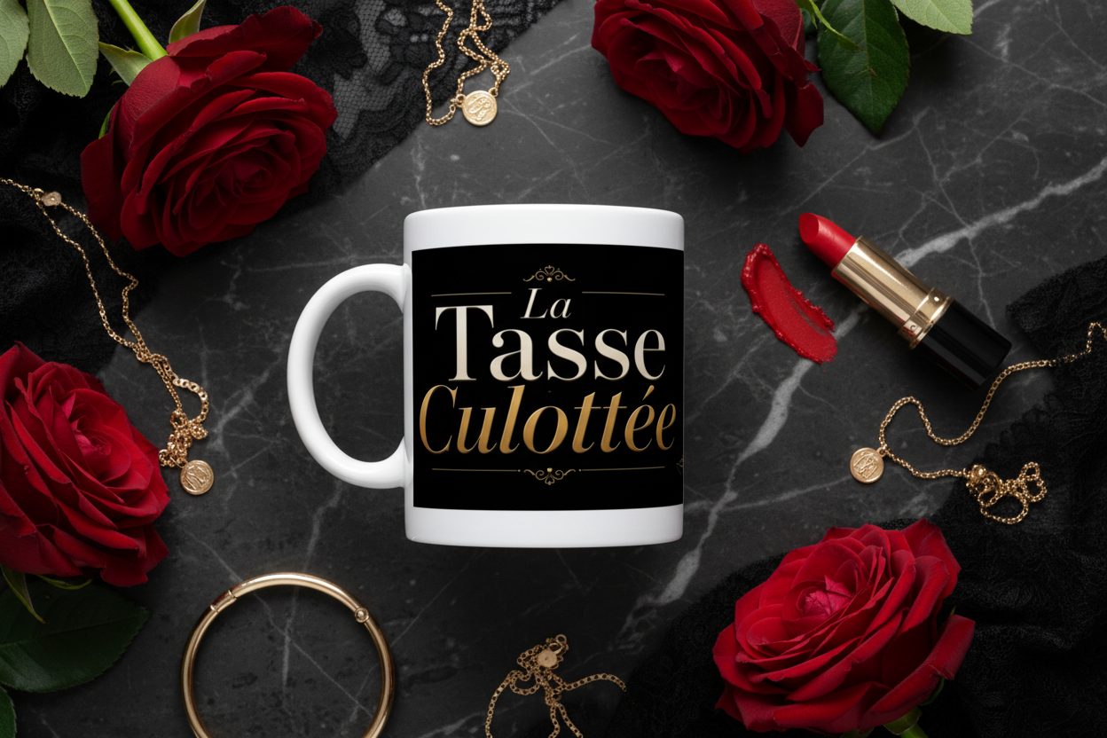 Tasse blanche avec lettrage doré sur fond noir, vue de dessus.