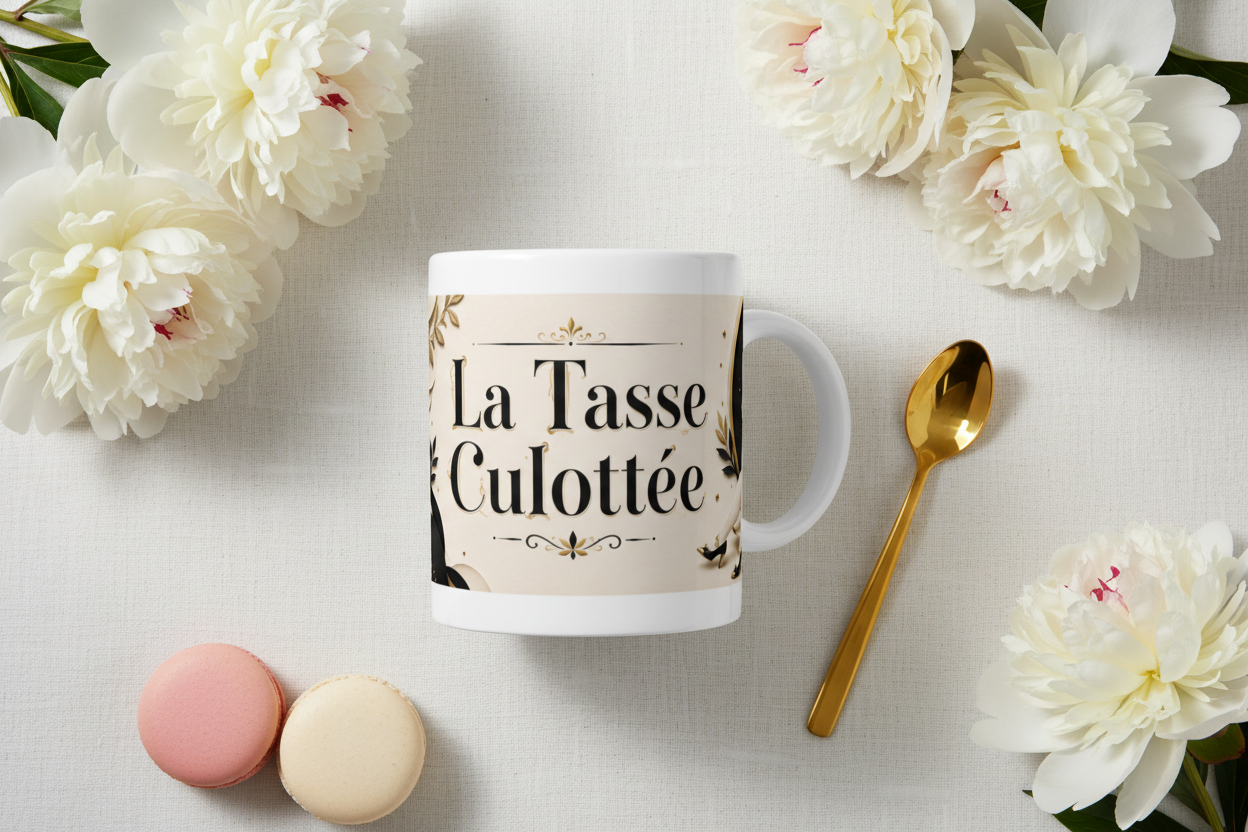 Tasse blanche en céramique avec anse, texte « La Tasse Culottée »