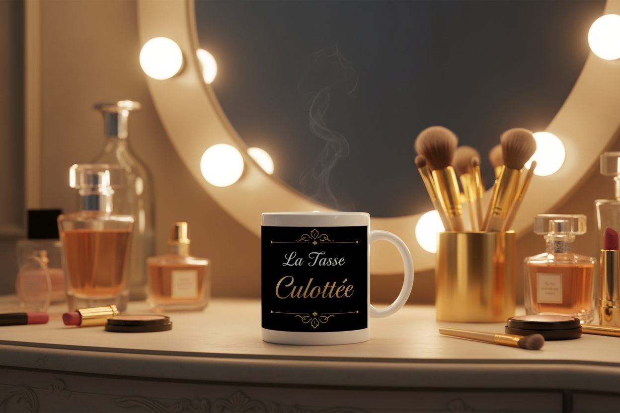 Tasse blanche « La Tasse Culottée » : lettres dorées sur fond noir.