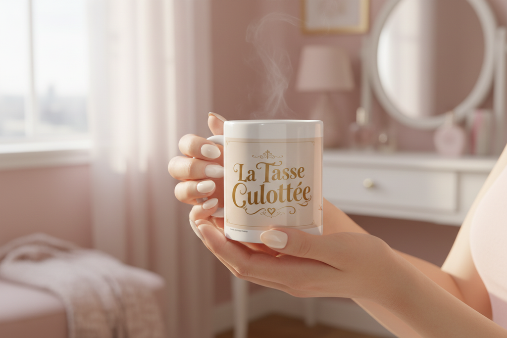 Mug blanc tenu à la main avec inscription dorée « La Tasse Culottée ».