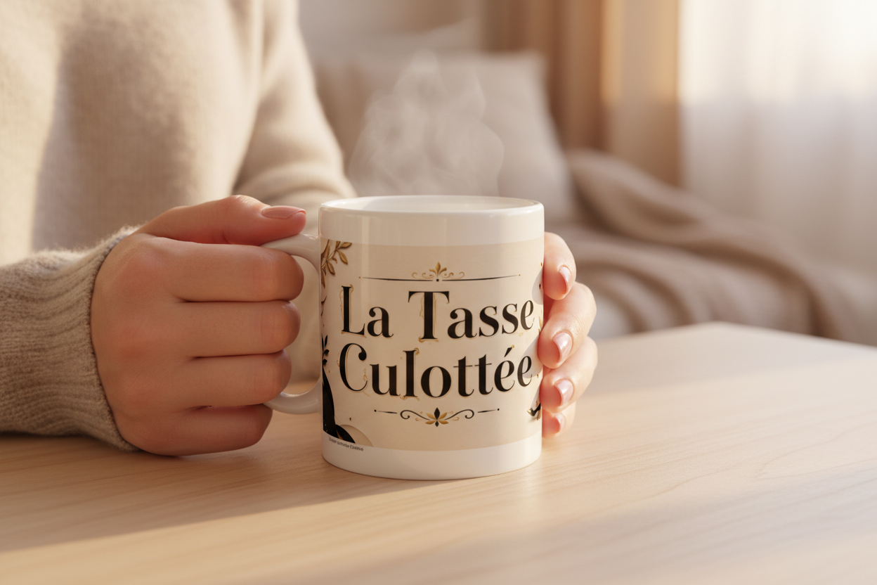 Mug blanc avec poignée, motif crème et texte « La Tasse Culottée »