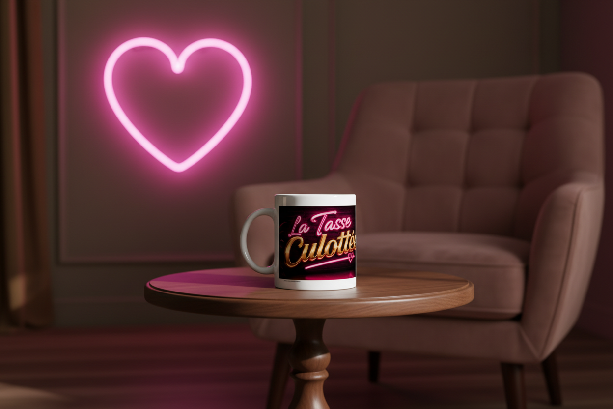 Mug blanc sur table, anse visible, cœur néon rose au-dessus du visuel