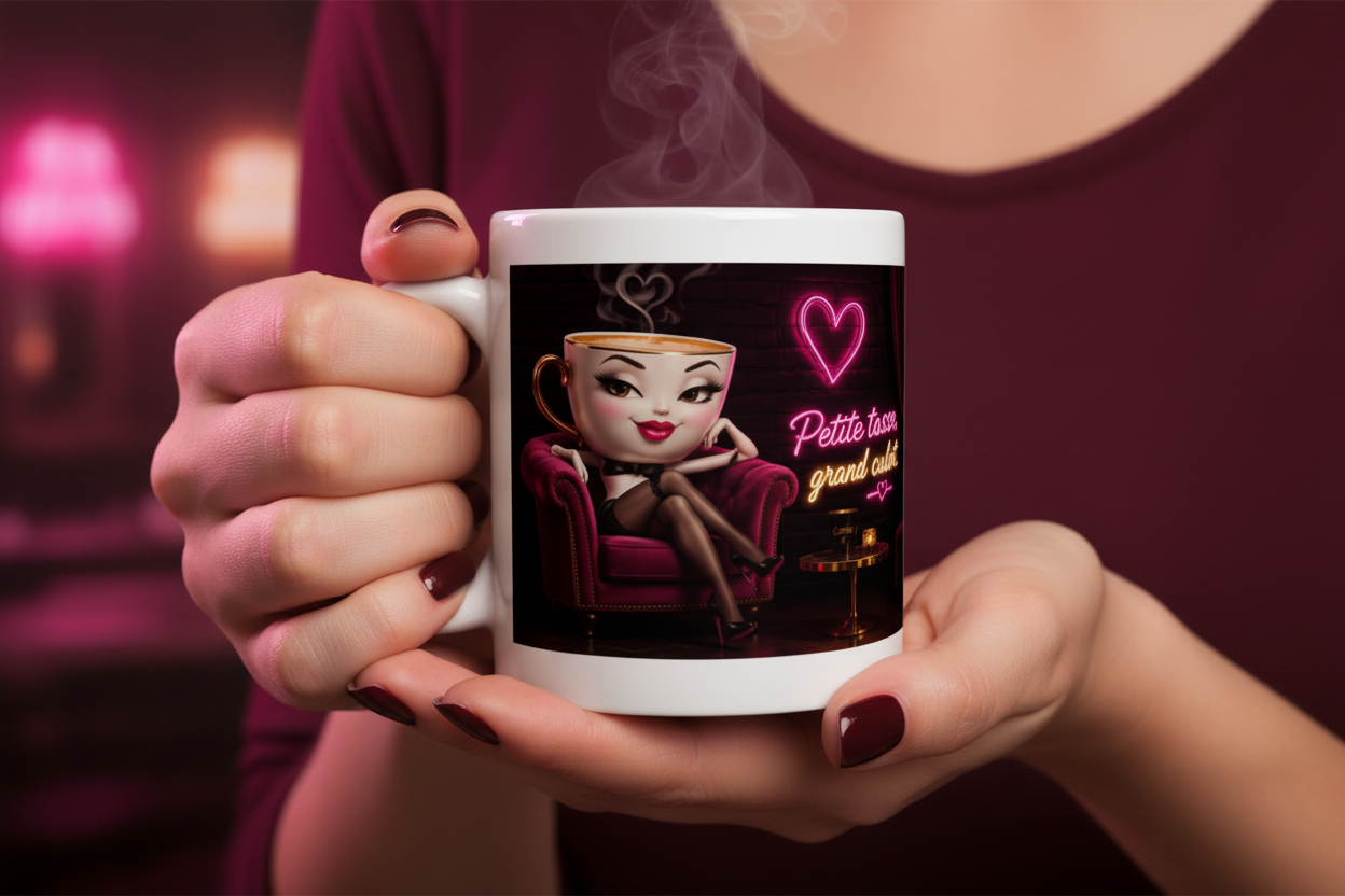 Mug blanc tenu par les mains, visuel rétro avec cœur néon rose et personnage