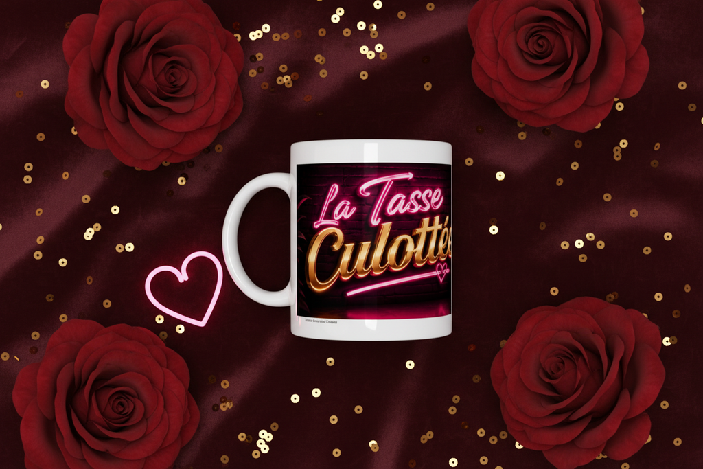 Mug blanc en céramique avec anse et logo lumineux rose et or sur la face